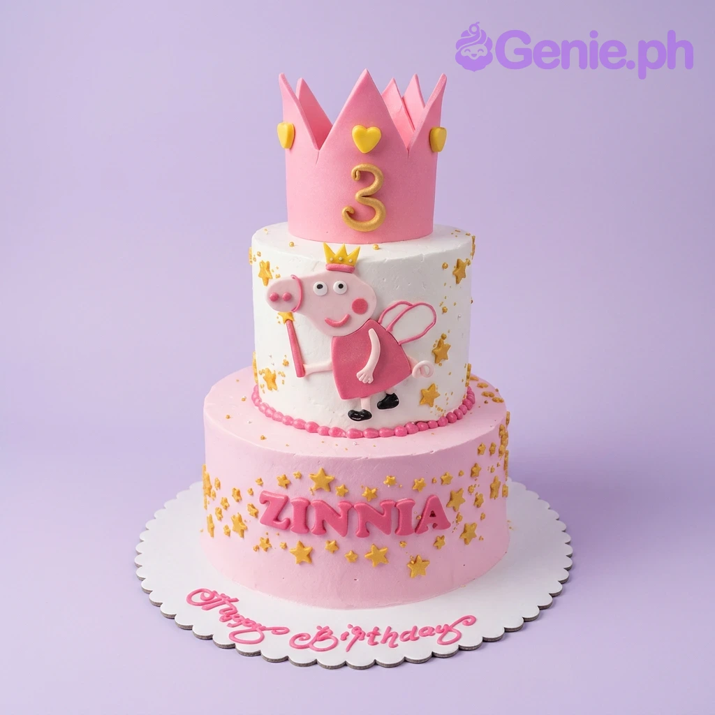 A pink and white two-tier cake themed Peppa Pig Princess, with a pink crown, Peppa Pig fairy, and gold stars. A pink and white two-tier cake themed Peppa Pig Princess, with a pink crown, Peppa Pig fairy, and gold stars.