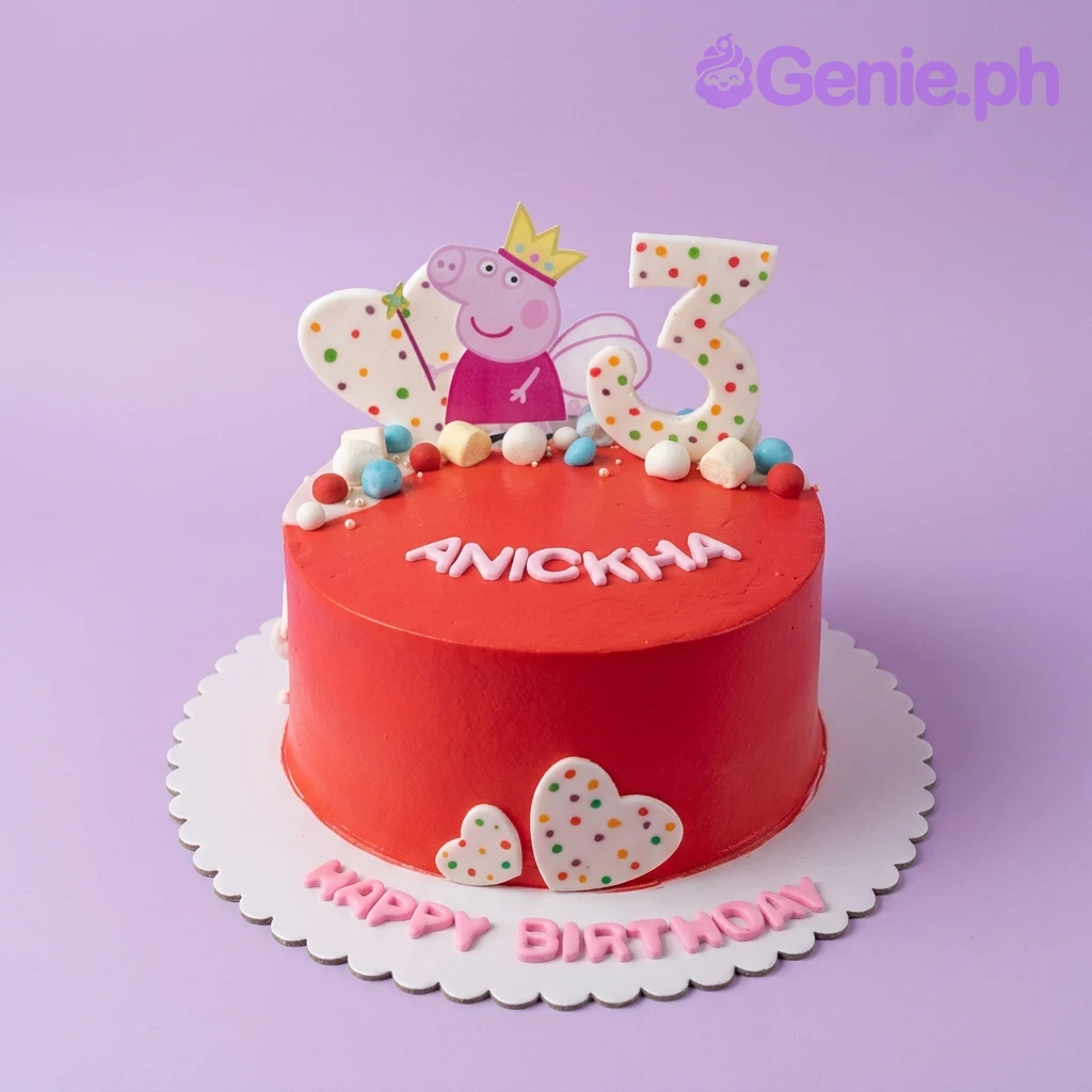 A red 1-tier Peppa Pig cake, featuring a Peppa Pig character, a number 3 topper, marshmallows, and heart accents. A red 1-tier Peppa Pig cake, featuring a Peppa Pig character, a number 3 topper, marshmallows, and heart accents.