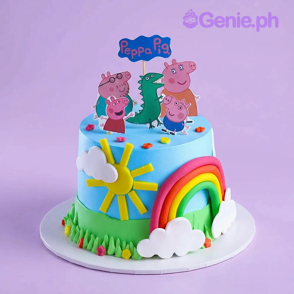 Light blue 1-tier cake with Peppa Pig character printouts, fondant rainbow, sun, and clouds Light blue 1-tier cake with Peppa Pig character printouts, fondant rainbow, sun, and clouds