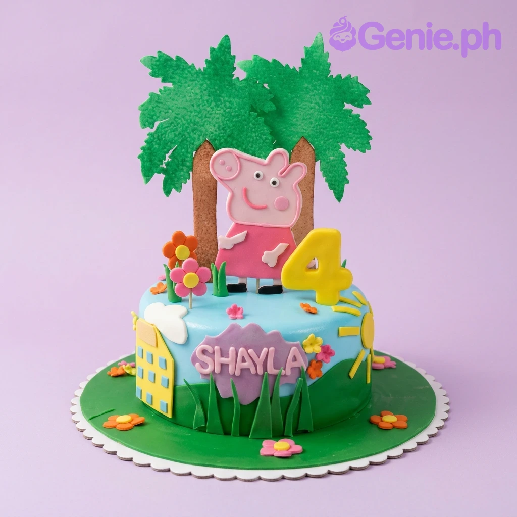 A light blue and green 1 Tier Fondant Peppa Pig cake, with a Peppa Pig figure, yellow number 4, palm trees, and 'SHAYLA' text. A light blue and green 1 Tier Fondant Peppa Pig cake, with a Peppa Pig figure, yellow number 4, palm trees, and 'SHAYLA' text.