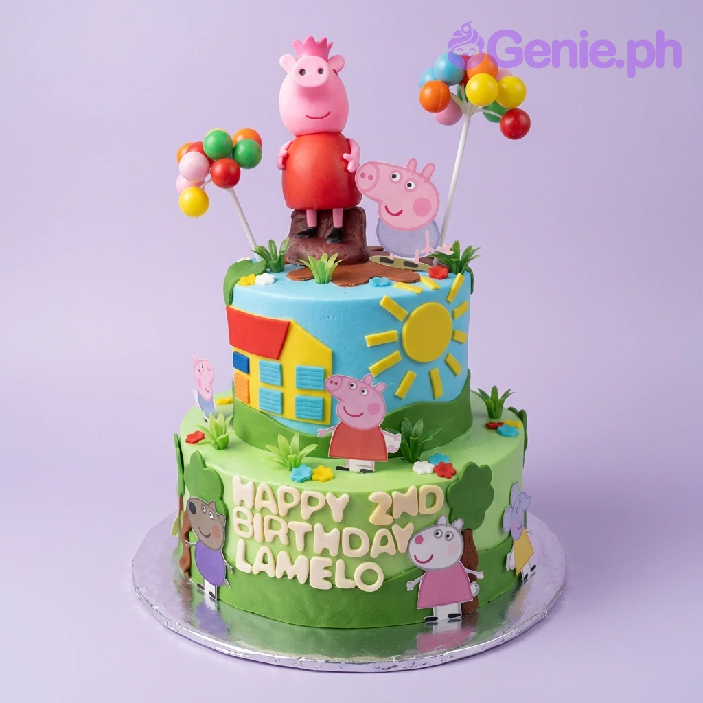 Peppa Pig-Inspired Crown 2-Tier Birthday Cake A blue and green two-tier fondant cake themed around Peppa Pig, featuring a 3D Peppa Pig figure and character printouts.