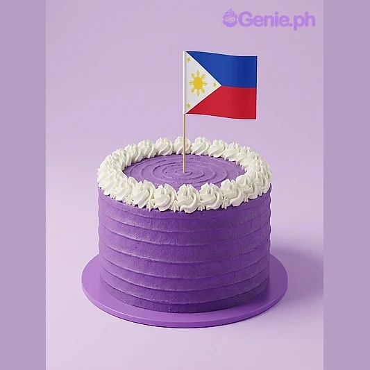 Philippine Flag Lavender Birthday Cake Lavender 1-tier soft icing cake with a Philippine flag printout topper and a border of white piped icing rosettes