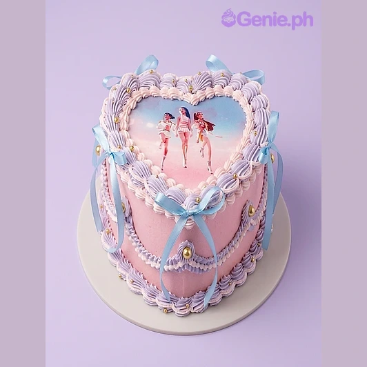 Photo Lavender Heart Cake Lavender heart-shaped cake with printed photo topper and blue satin ribbons