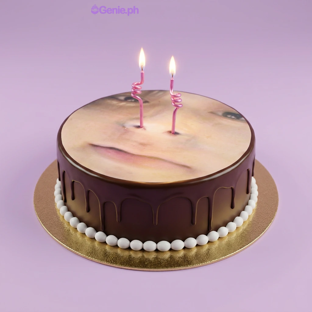 Photo White Birthday Cake Round cake with a full top edible photo print of a face and two pink spiral candles