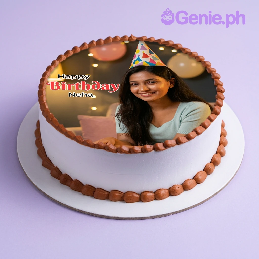 White 1-tier birthday cake with edible photo print of a woman and brown piped icing border