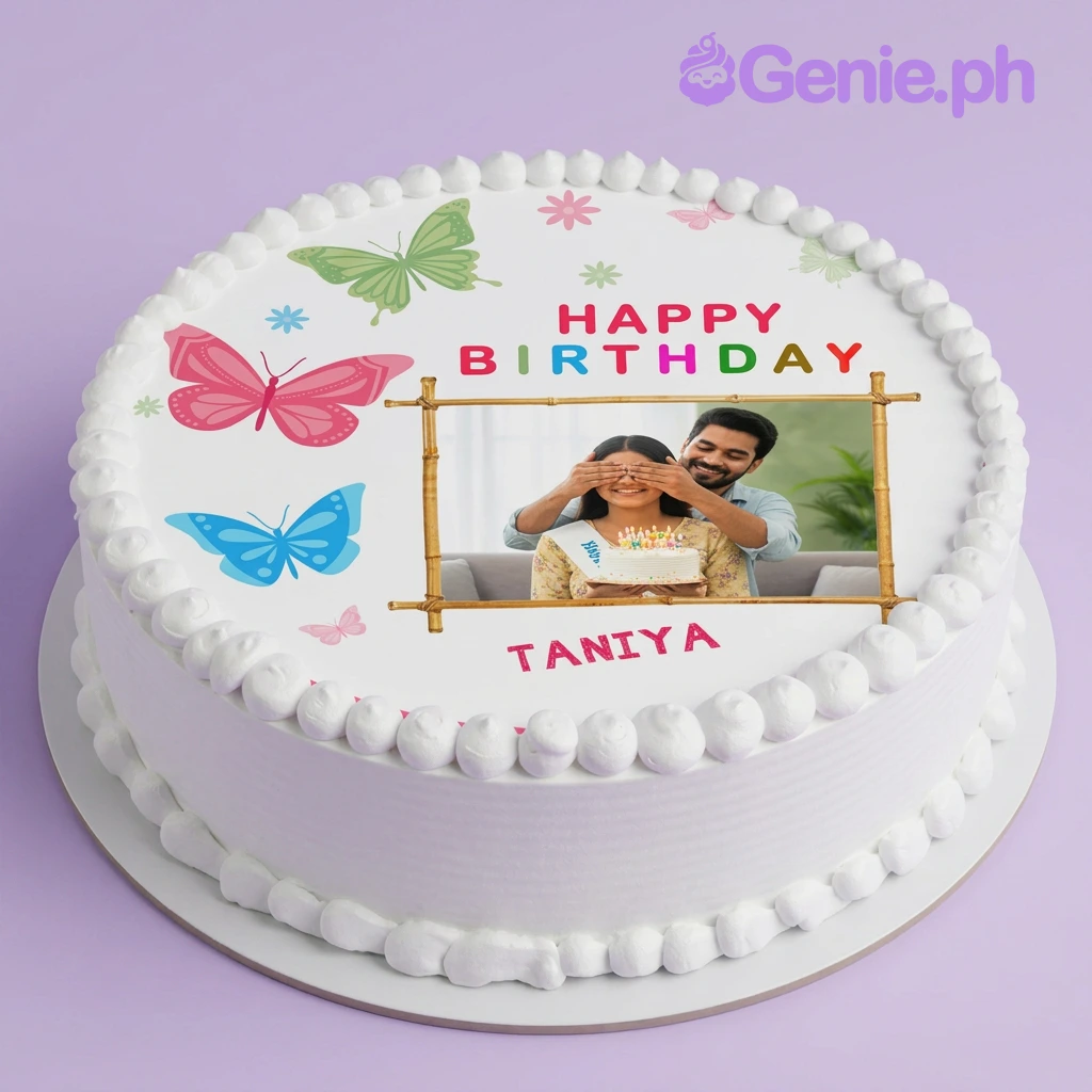 White 1-tier birthday cake with edible photo print of a couple and butterfly decorations