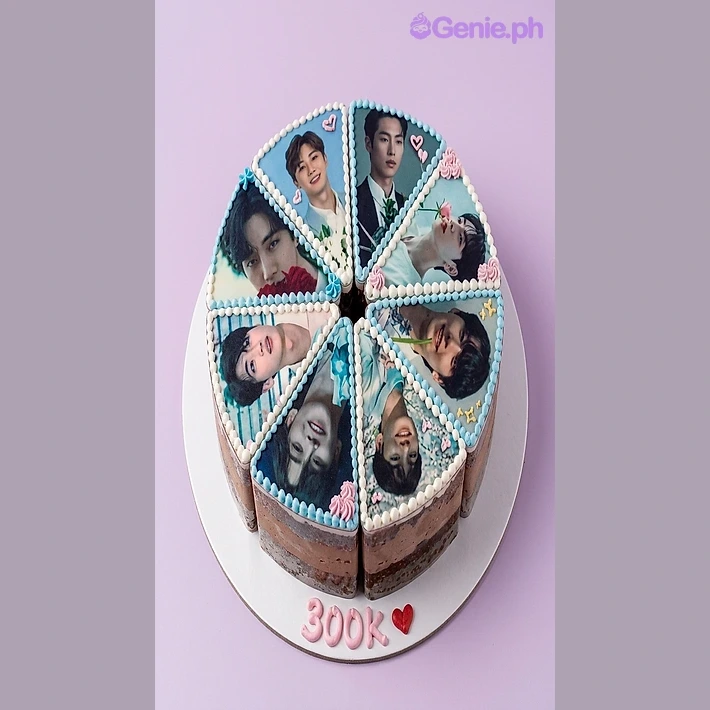Photo White Floral Cake White round cake cut into eight slices, each topped with an edible photo print, light blue piped borders, and pink icing flowers.