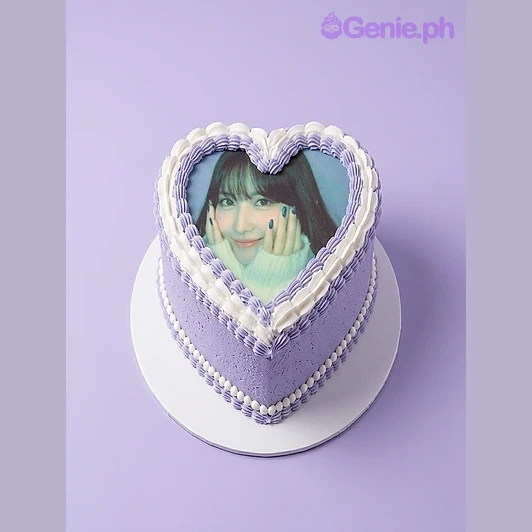 Photo Heart Lavender Cake Lavender heart-shaped cake with a photo print on top and a piped border