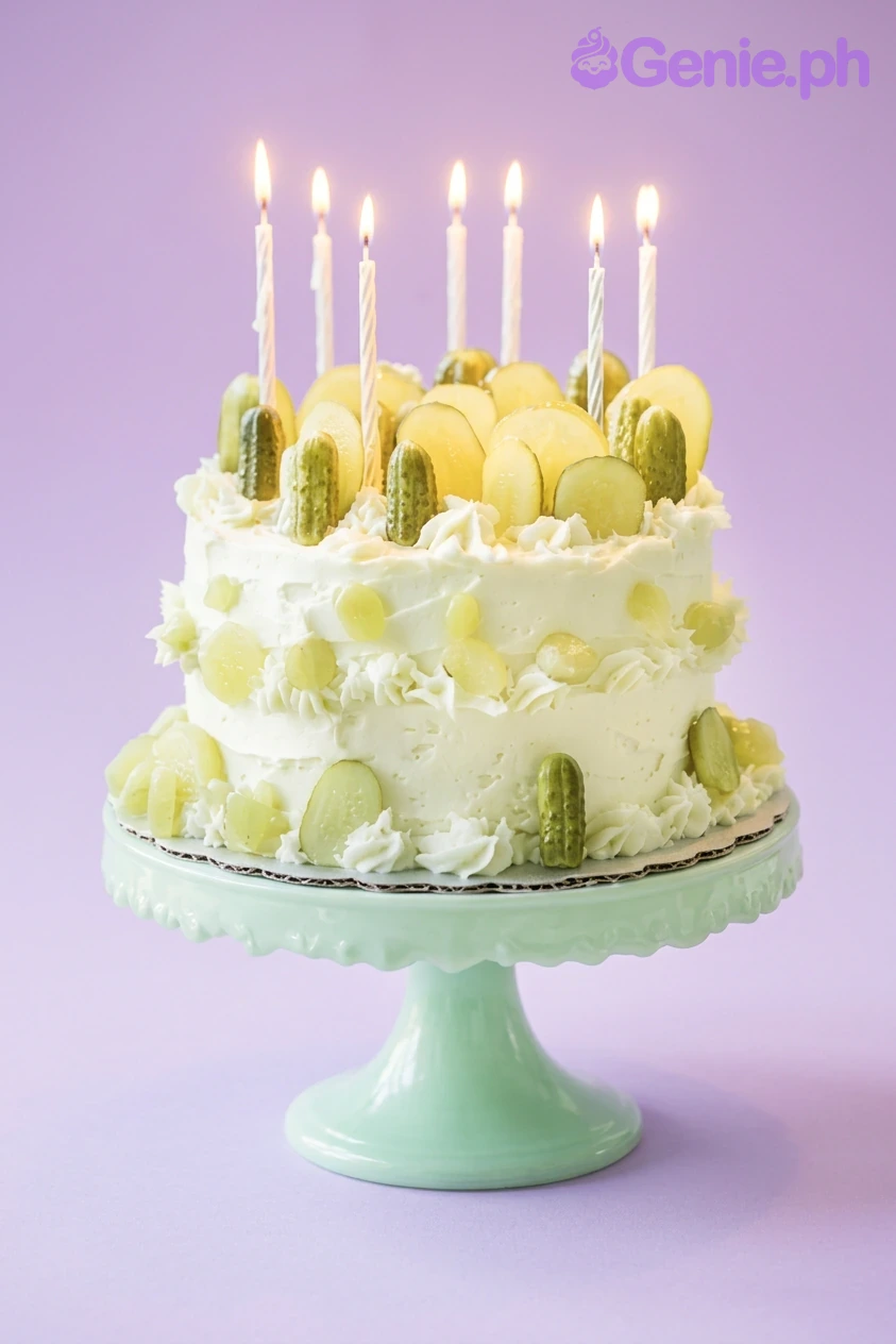 Pickle Theme White 2-Tier Birthday Cake A white two-tier cake themed around pickles, featuring green pickle slices, whole pickles, and seven lit white candles.