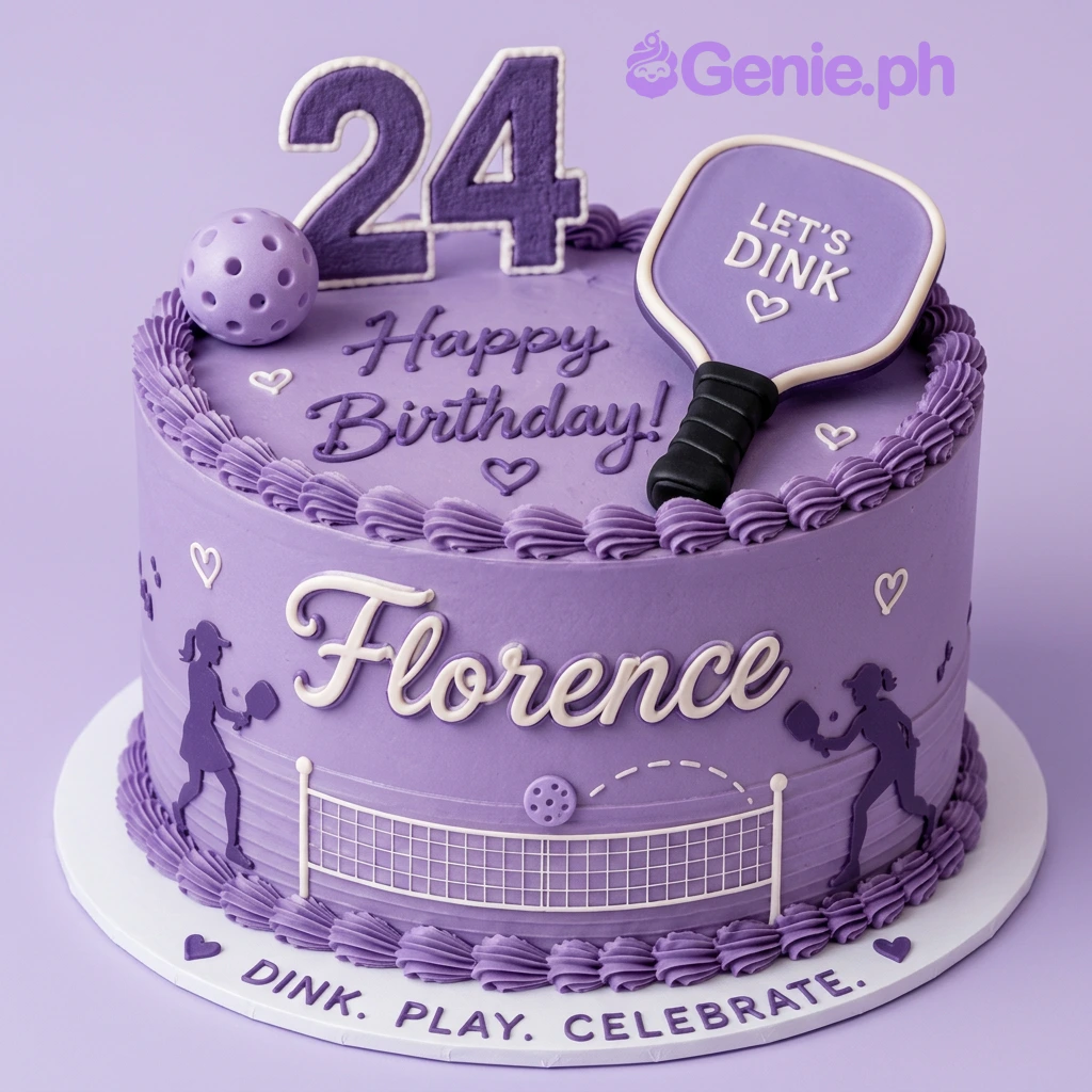 Pickleball Birthday Purple Cake Purple 1-tier cake with soft icing, pickleball paddle and number 24 toppers, and hand-piped court silhouettes