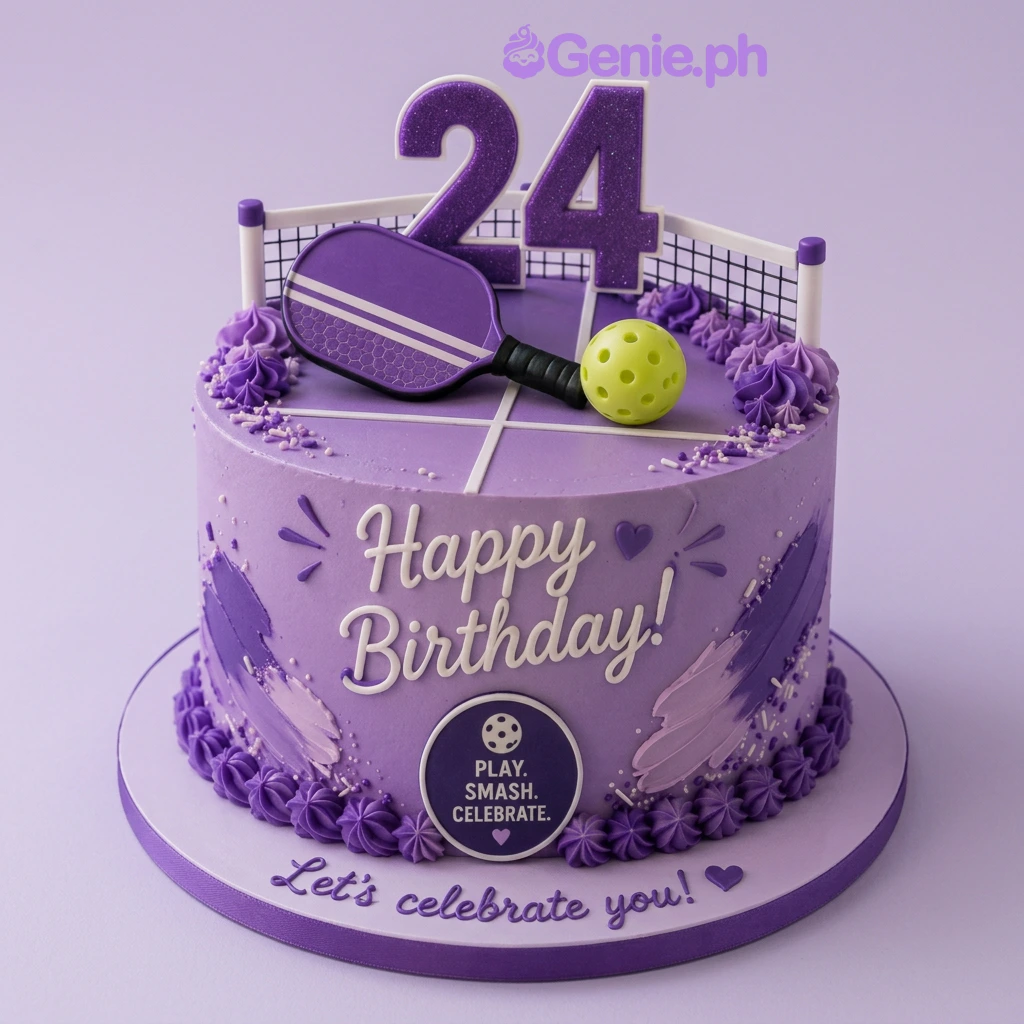 Pickleball Birthday Purple Cake Purple 1-tier cake with smooth icing, pickleball theme, number 24 topper, and piped rosettes