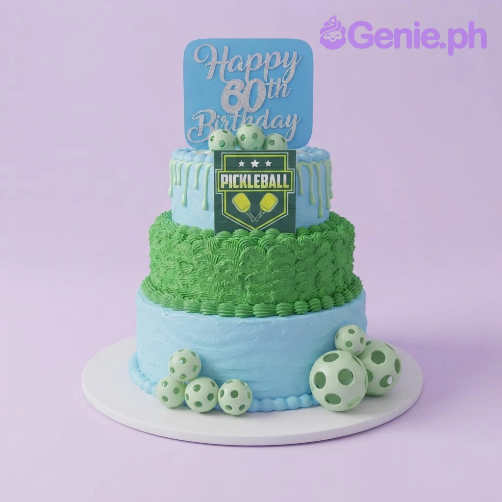 Pickleball Birthday 2-Tier Cake Blue and green 2-tier birthday cake with a pickleball theme, glittery age topper, and light green plastic ball accents