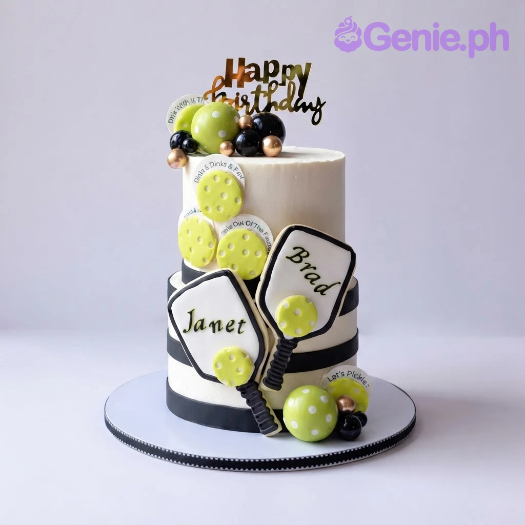 Pickleball Birthday White 2-Tier Cake White 2-tier cake with black stripes, pickleball paddle printouts, and lime green decorative spheres