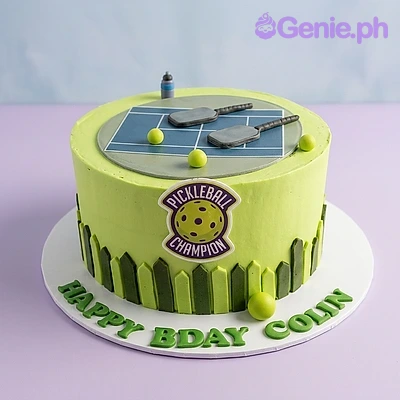 Pickleball Mint Birthday Cake Light green single tier cake with pickleball court top and paddle toppers
