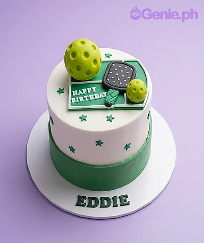Pickleball White Birthday Cake White single tier fondant cake with green pickleball theme featuring a paddle and ball toppers