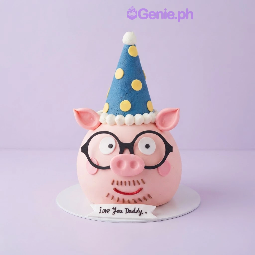 Pig Light Pink Birthday Cake Light pink pig-shaped cake with a navy blue party hat, black glasses, and a Love You Daddy message plaque.