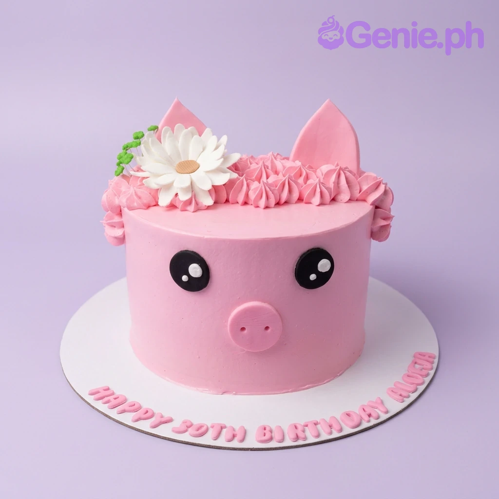 Pig Pink Floral Birthday Cake A pink, white, black, and green 1-tier cake themed around a pig, featuring fondant pig ears, snout, and eyes, pink icing rosettes, a white daisy, and small green leaves.