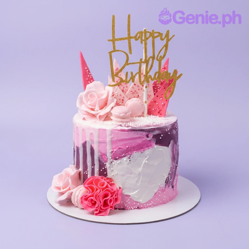 A 1-tier Pink Abstract cake, featuring a gold Happy Birthday topper, pink fondant roses, macarons, and sprinkles.