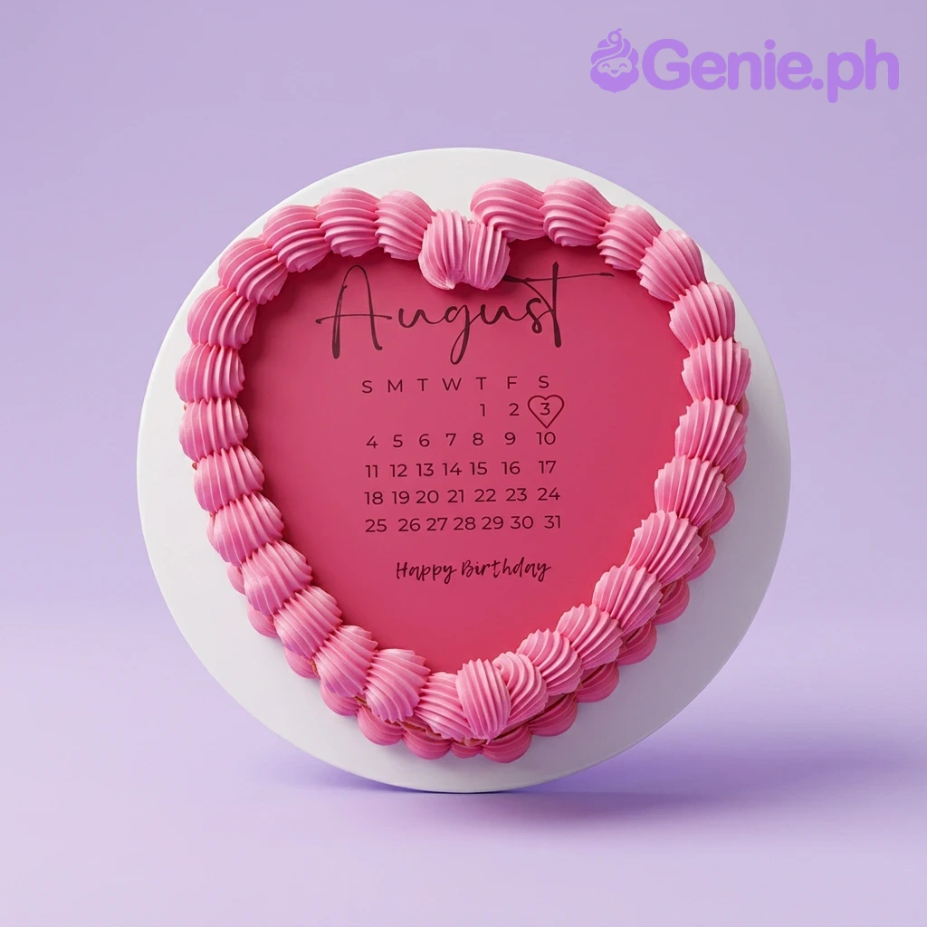 Pink August Calendar Light Pink Birthday Cake A pink and black 1-tier heart-shaped cake, themed with an August calendar, featuring black icing text and piped pink borders.