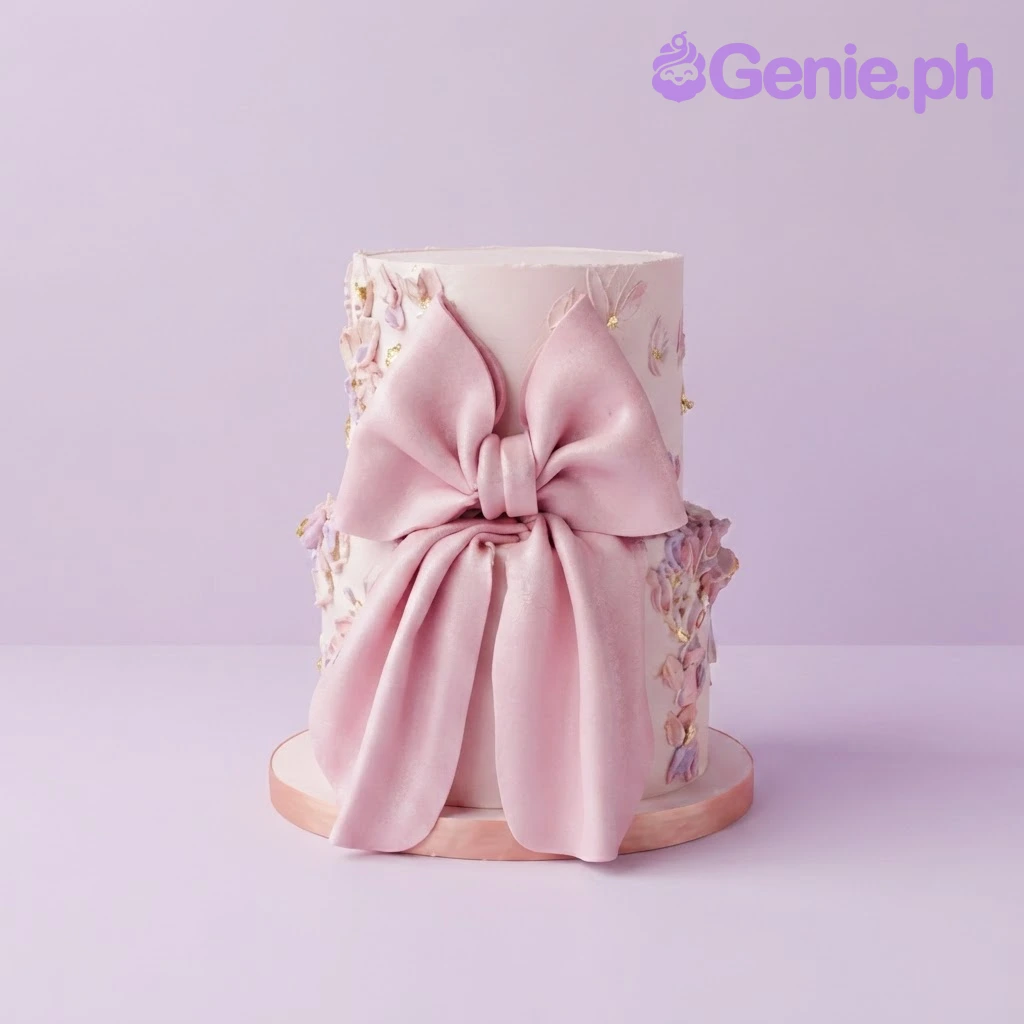 Light pink single-tier cake with soft icing, a large fondant bow on the front, and palette-knife floral icing decorations