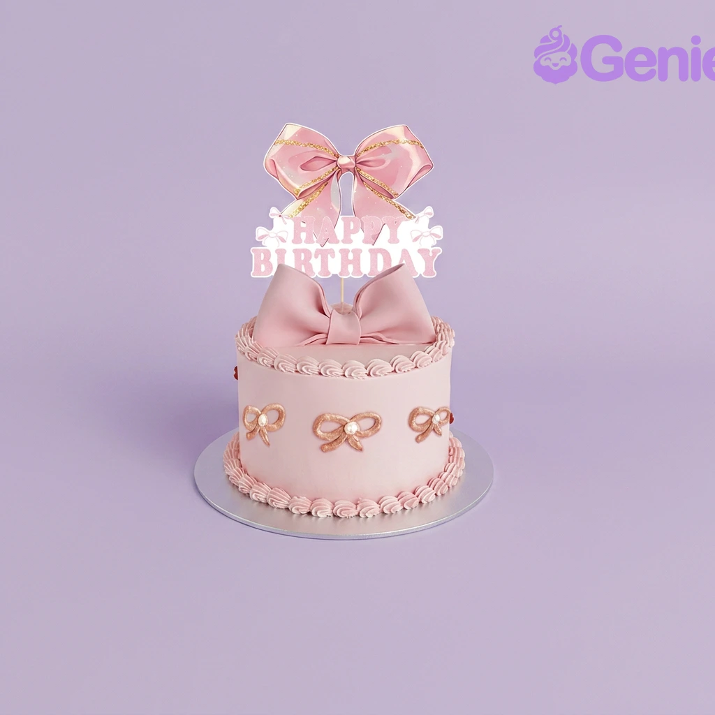Pink Bow Birthday Cake Light pink 1-tier cake with soft icing, a large fondant bow topper, and small bow decorations on the side.
