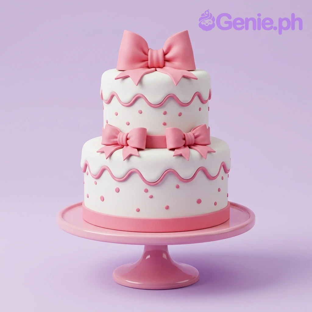 Pink Bow White 2-Tier Birthday Cake A white and pink two-tier cake themed around Pink Bows, featuring three pink fondant bows and pink icing drips with pink sprinkles.