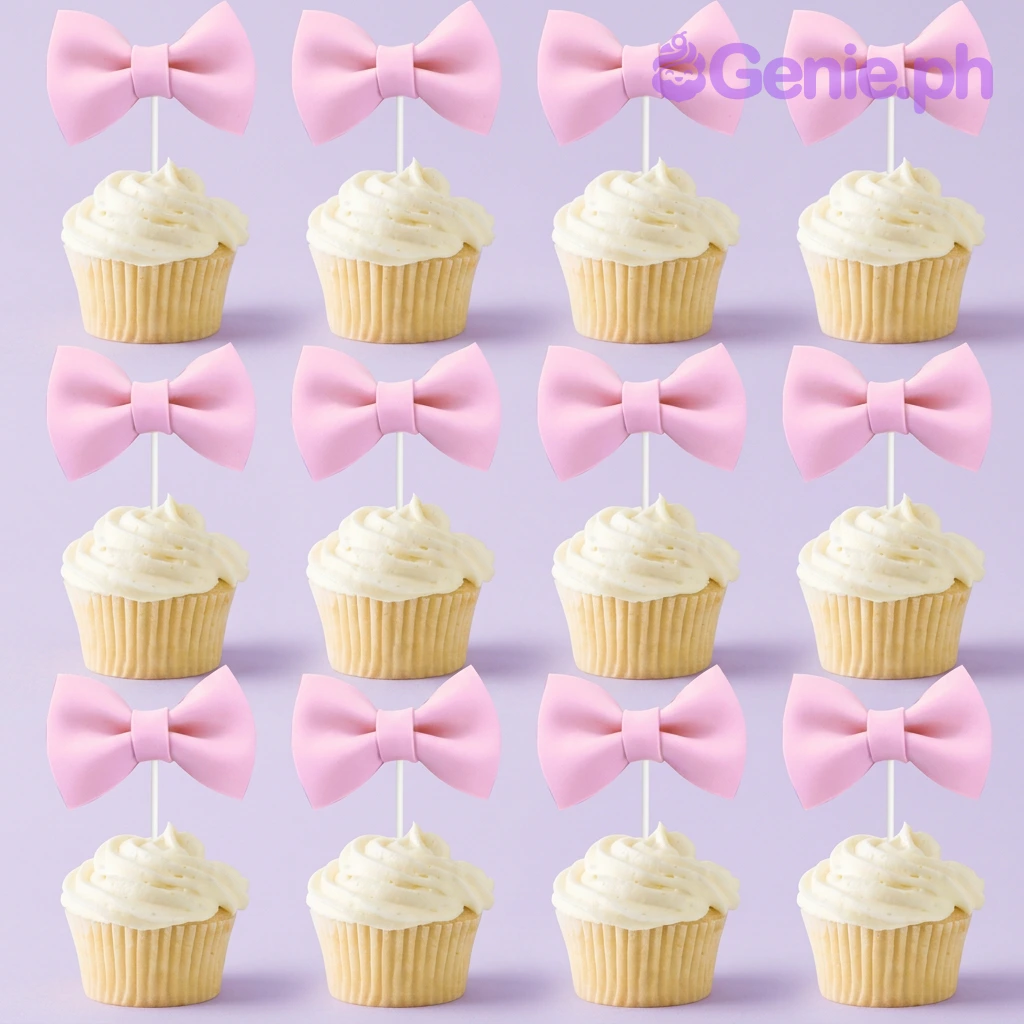 Pink Bow White Cupcakes A grid of sixteen cupcakes with white icing and pink bow toppers