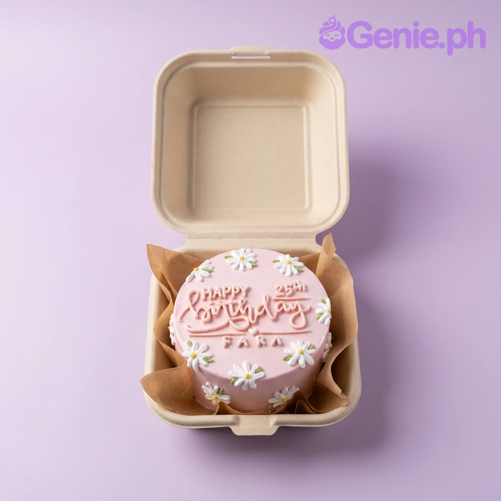 Pink Daisy Bento Light Pink Floral Birthday Cake A pink bento cake themed around Pink Daisy, featuring white and yellow icing daisies and a 'Happy Birthday Fara' message.