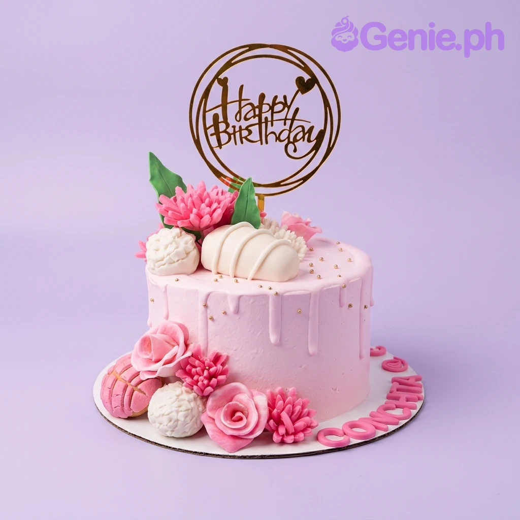 Pink Floral Birthday Cake Pink single tier cake with pink and white edible flowers, a gold Happy Birthday topper, and pink gumpaste letters spelling Conchita.