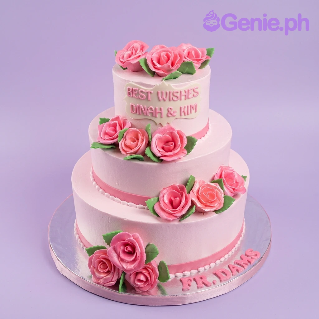 Pink Floral 3-Tier Wedding Cake A pink, green, white 3-tier floral cake, with pink roses, green leaves, white bead borders, and personalized text.
