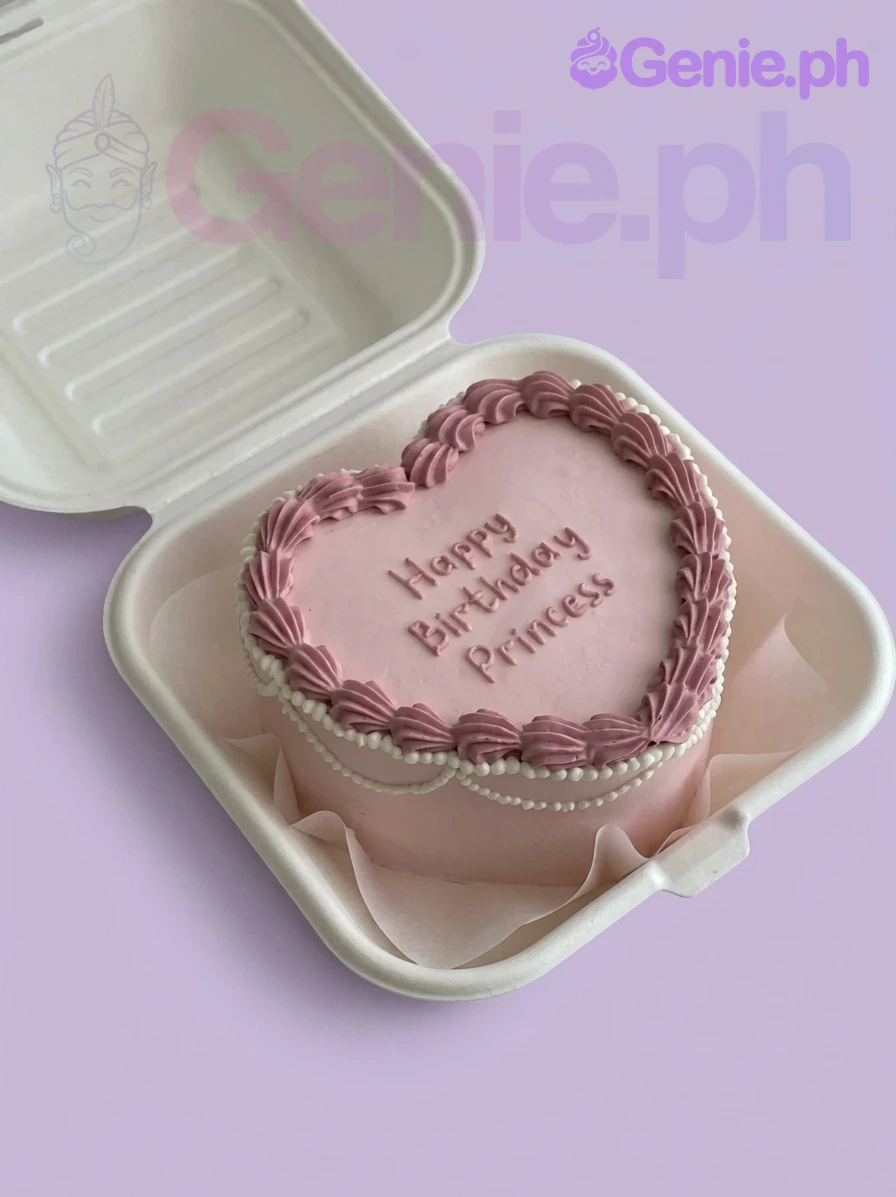 Pink Heart Bento Light Pink Birthday Cake A pink heart-shaped bento cake featuring 'Happy Birthday Princess' text, dark pink borders, and white pearl swags.