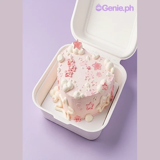 Pink Heart White Cake One tier cake with soft white icing, pink stars, white piped clouds, and scattered white pearls