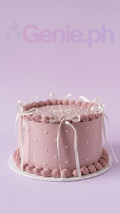 Pink Minimalist Gray Heart Cake A dusty pink and white 1-tier minimalist cake, with a 'Happy Birthday' message, white piped hearts, satin ribbons, and pink shell borders.