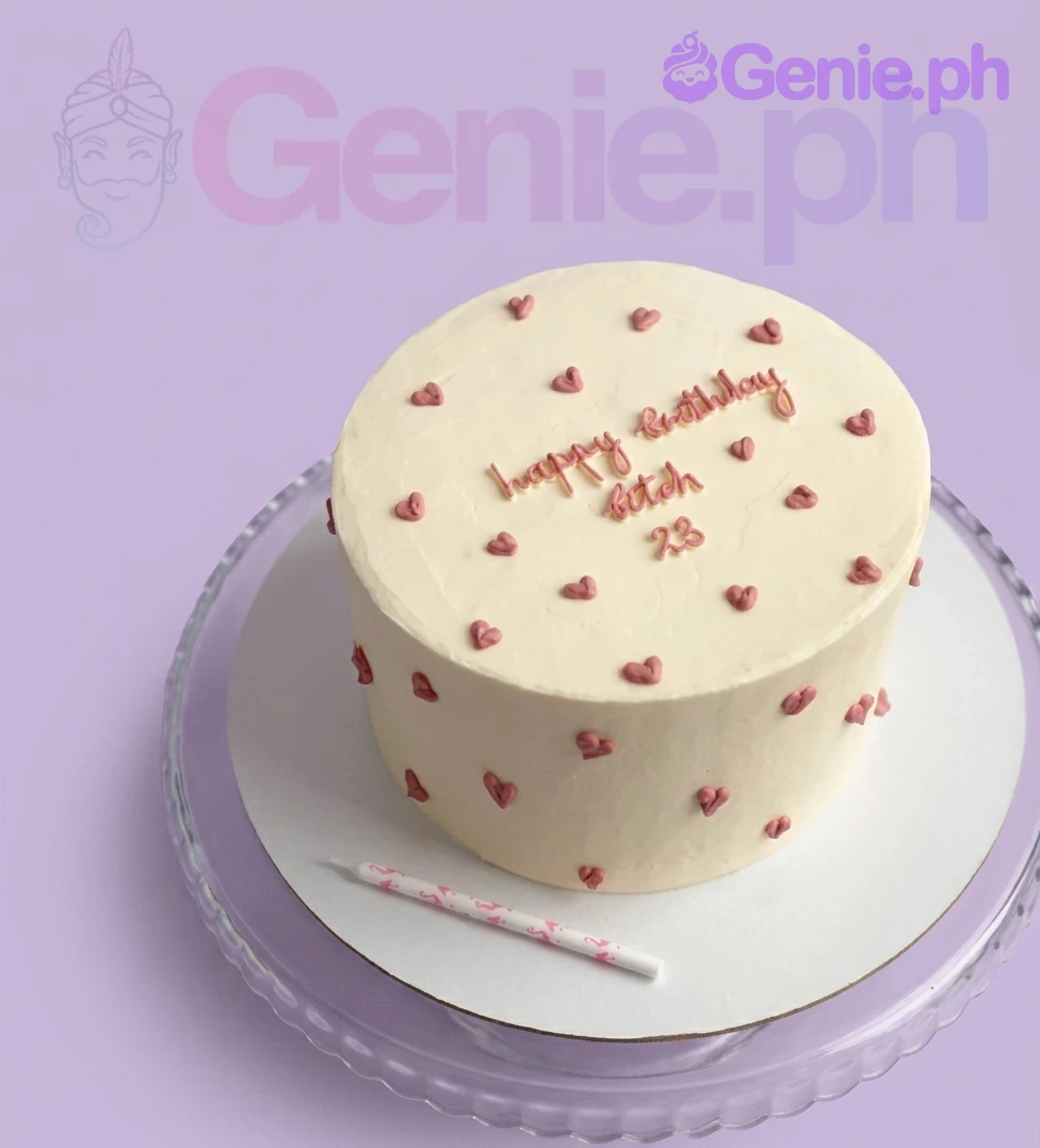 Pink Minimalist Ivory Heart Birthday Cake A minimalist ivory 1-tier cake with small pink piped icing hearts and a pink text message on top.