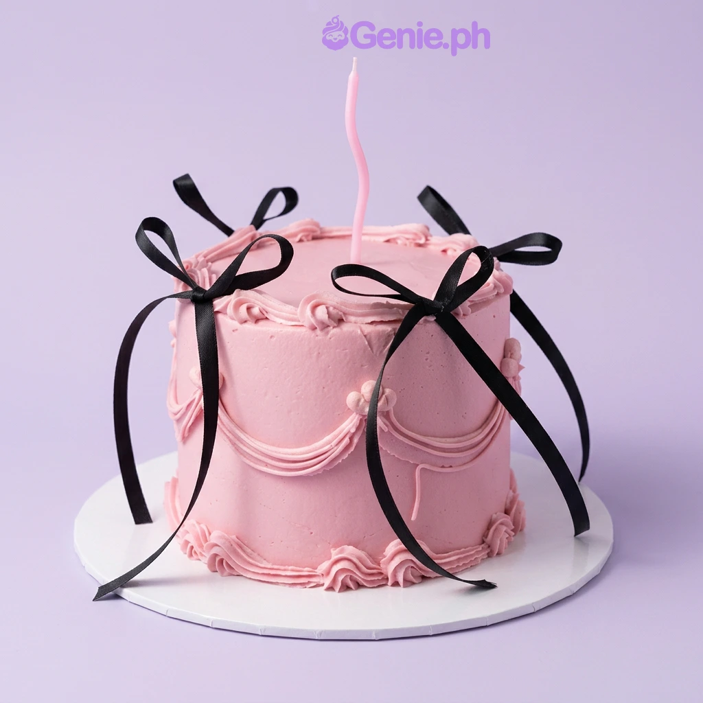Pink Minimalist Birthday Cake Pink 1-tier cake with soft icing, piped swags, and black satin ribbon bows.