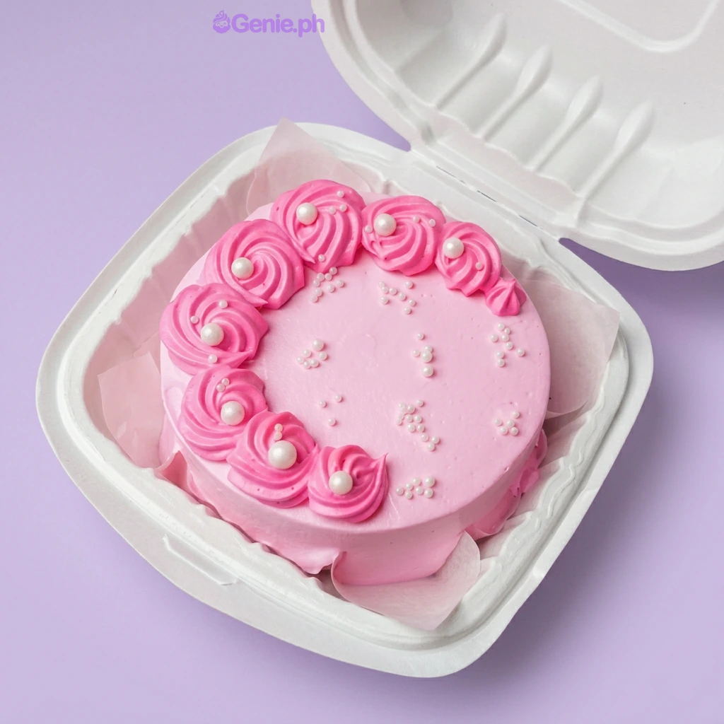 Pink Minimalist Pearl Bento Cake Pink bento cake with piped rosettes and white pearl sprinkles in a white container