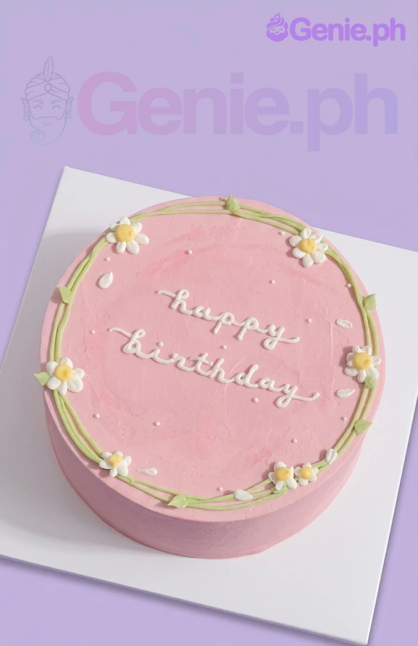 Pink Minimalist Floral Birthday Cake A pink and white 1-tier cake themed around Pink Minimalist, with piped white daisies, a green vine, and a 'happy birthday' message.