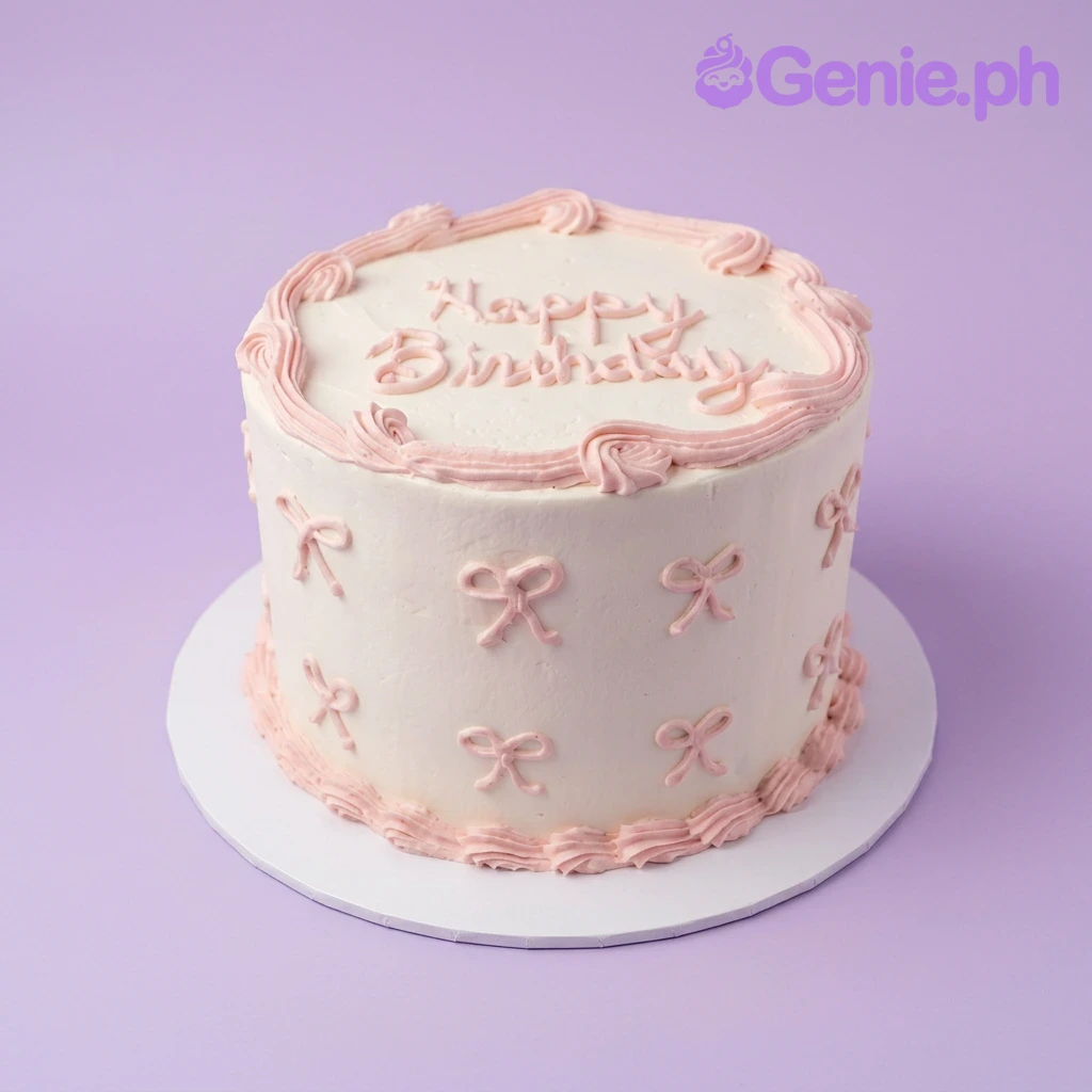 Pink Minimalist White Birthday Cake A white and pink 1 Tier cake themed around Minimalism, featuring a 'Happy Birthday' message, pink piped borders, and icing bows.