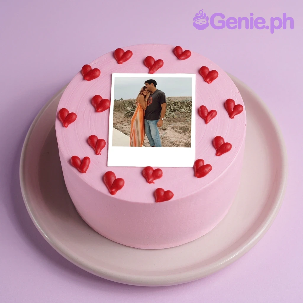 A pink 1-tier cake themed around personalized photos, featuring a polaroid photo printout and red icing hearts.