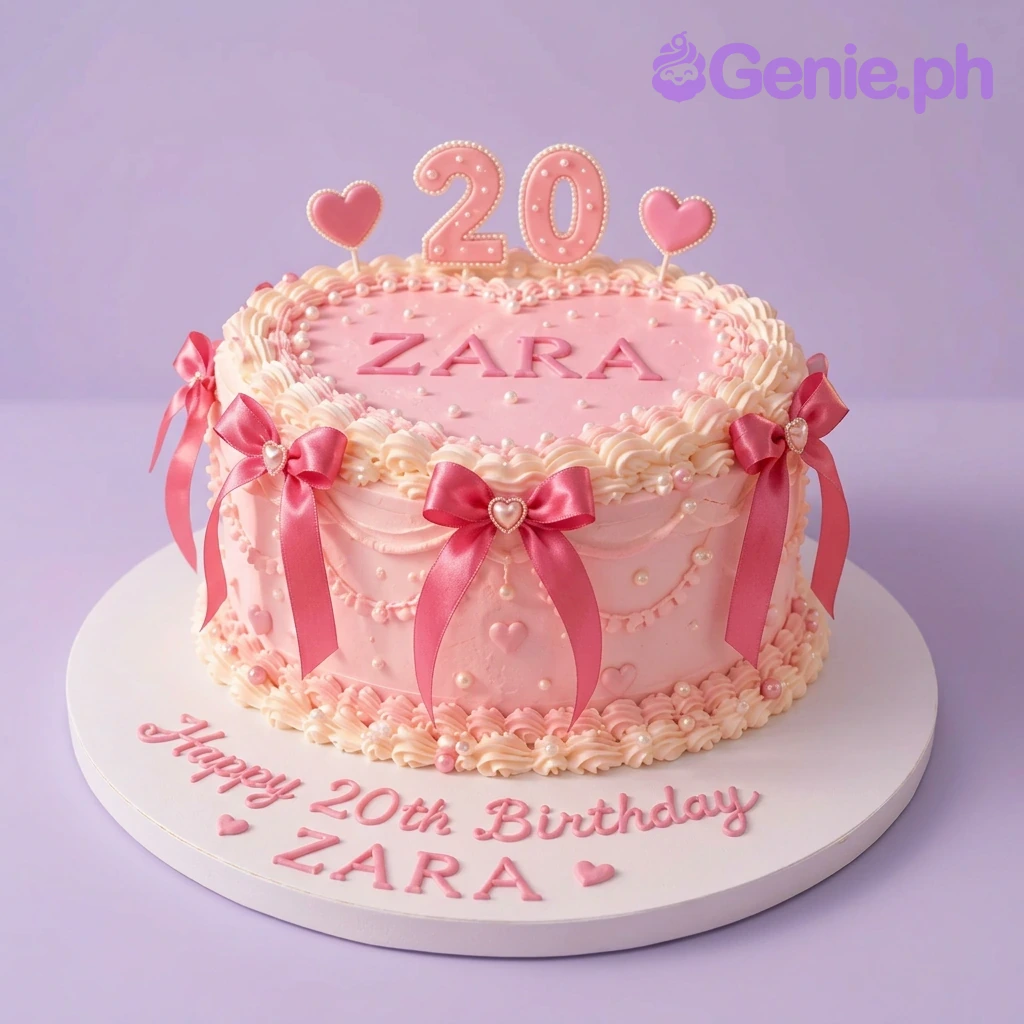 Pink Princess Light Pink Heart Birthday Cake Pink heart-themed 20th birthday cake for Zara with pink satin bows, pearls, and heart toppers on a white baseboard.