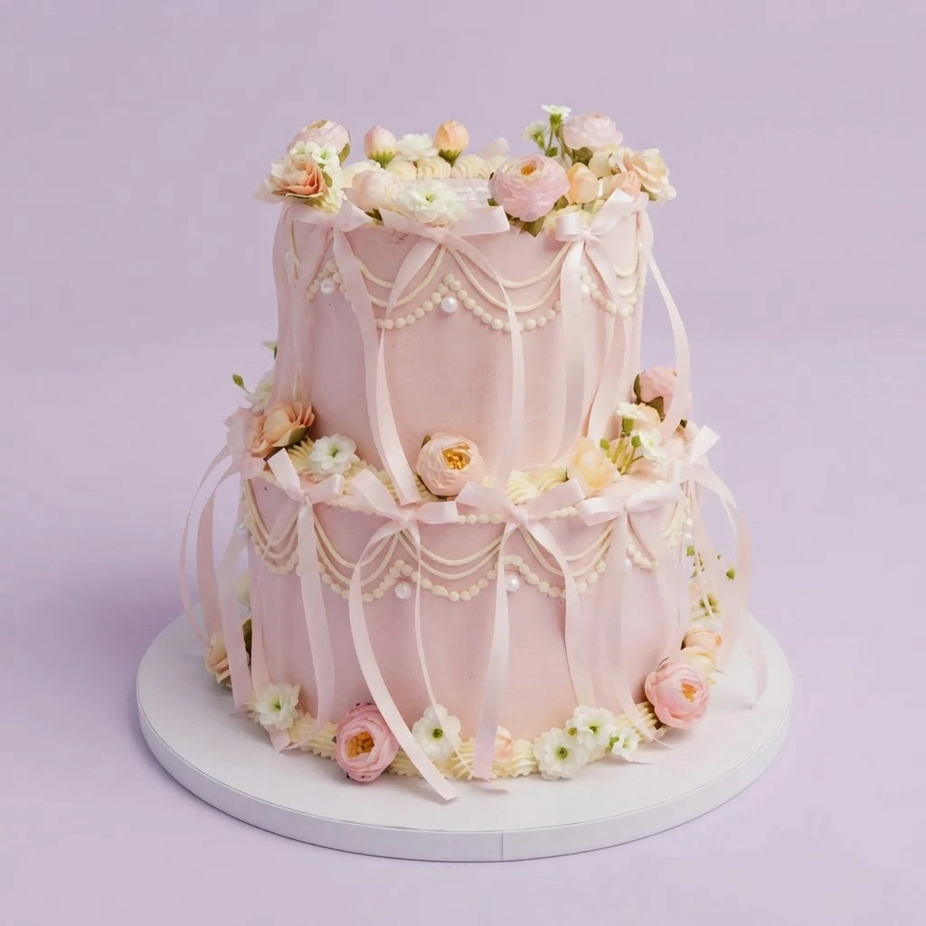 Pink Ribbon Floral 2-Tier Cake Pastel pink 2-tier cake with soft icing, draped satin ribbons, piped swags, and floral accents
