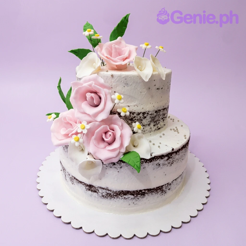Pink Rose Floral White 2-Tier Cake Two-tier semi-naked chocolate Pink Rose Floral cake with pink gumpaste roses, white calla lilies, and silver dragees.