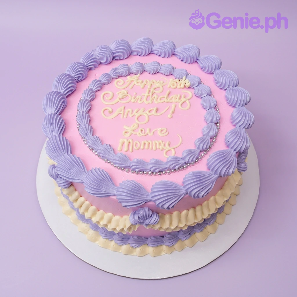 Pink Ruffle Birthday Cake A pink 1-tier ruffle cake with purple and cream icing ruffles, silver dragees, and a personalized text message.