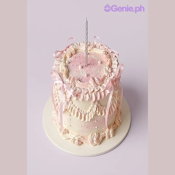 Pink Ruffle Birthday Cake Pink and white 1-tier cake with piped ruffles, pink satin ribbons, and a silver candle