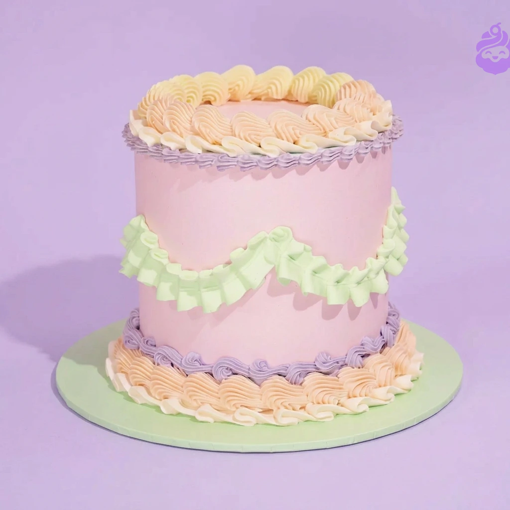 Pink Ruffled Light Pink Birthday Cake Light pink 1-tier cake with green ruffled icing swag and purple piped borders on a green cake board