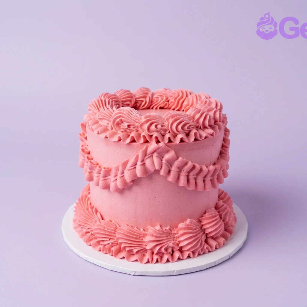 Pink Ruffles Cake Pink Ruffles cake design — 1 layer soft icing cake in pink — with piped ruffle swags on side, piped top border, piped base border, and piped ruffle swags