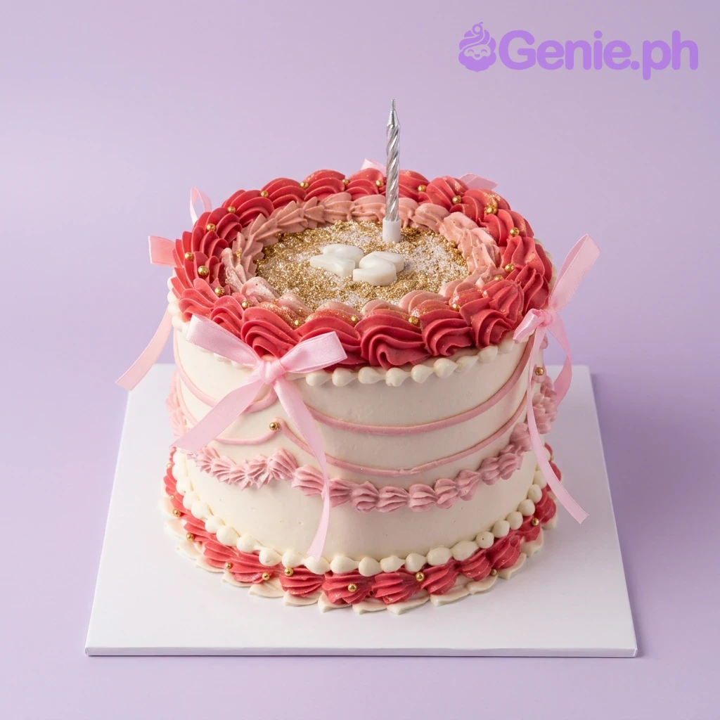 A white and pink 1 Tier cake themed around Pink Vintage Glitter, featuring a silver candle and '25' message, with piped rosettes and pink bows.