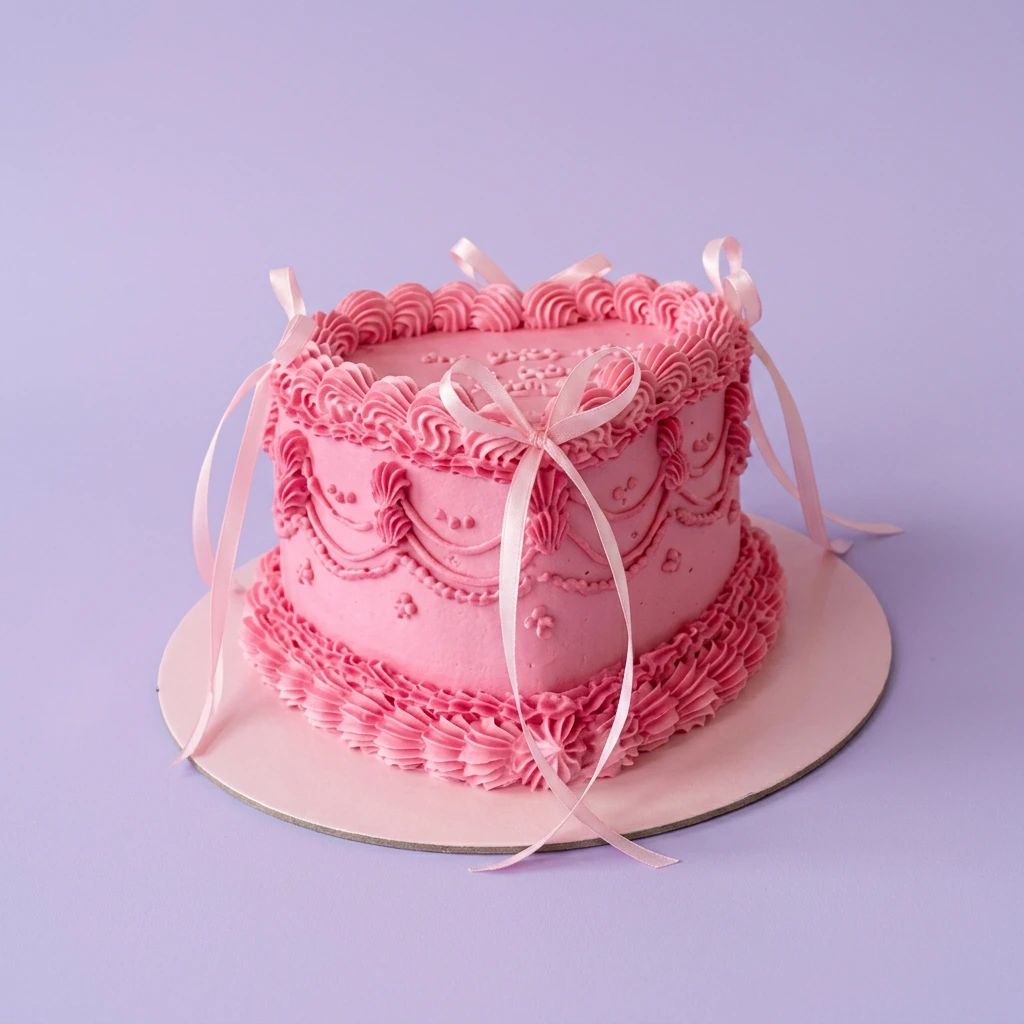 Heart-shaped pink vintage cake with intricate icing ruffles, swags, and small pink satin ribbons on a pink base board. Heart-shaped pink vintage cake with intricate icing ruffles, swags, and small pink satin ribbons on a pink base board.
