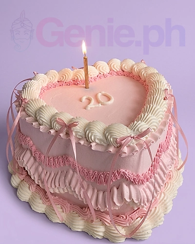 Heart-shaped pink vintage lambeth cake with intricate ruffles, pink satin ribbons, and a gold number 20 candle.