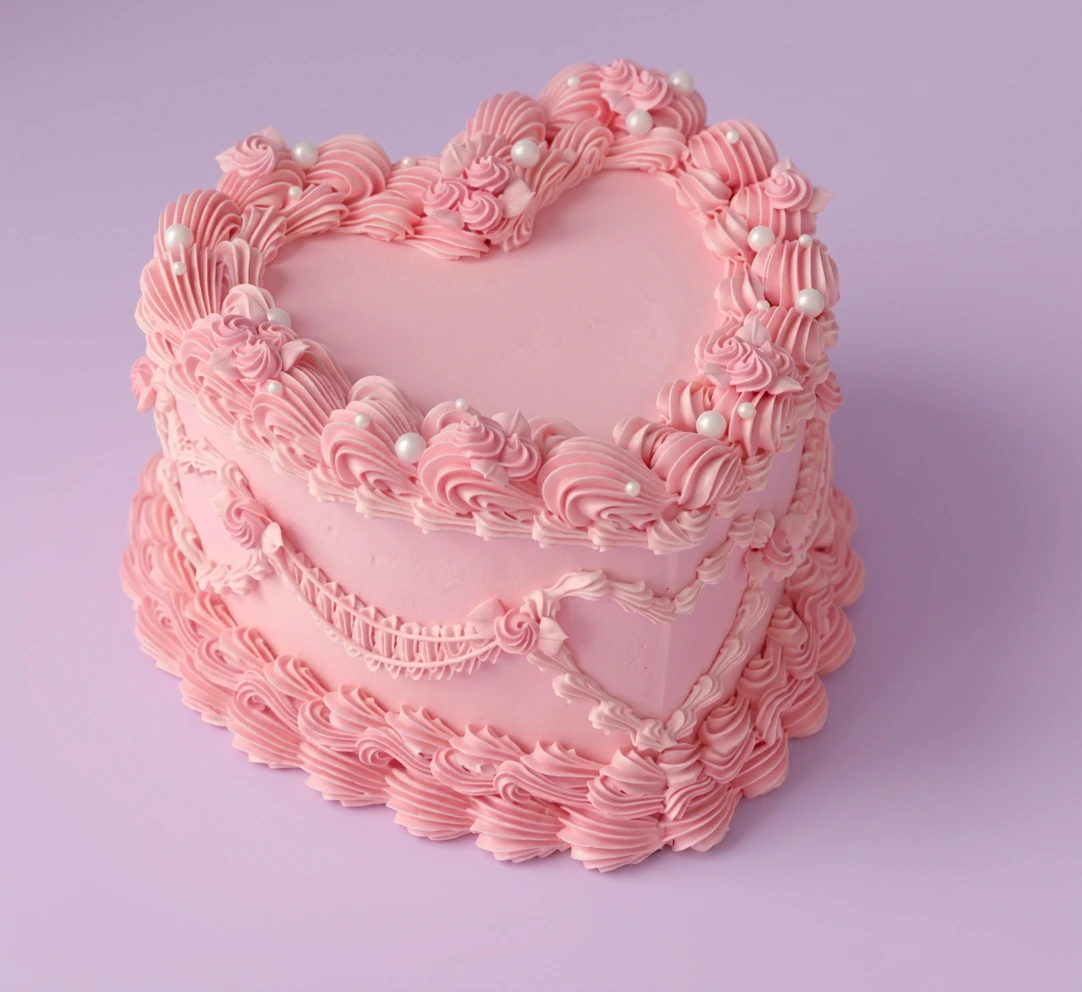 Heart shaped pink vintage cake with intricate piped icing ruffles and white pearl dragees.